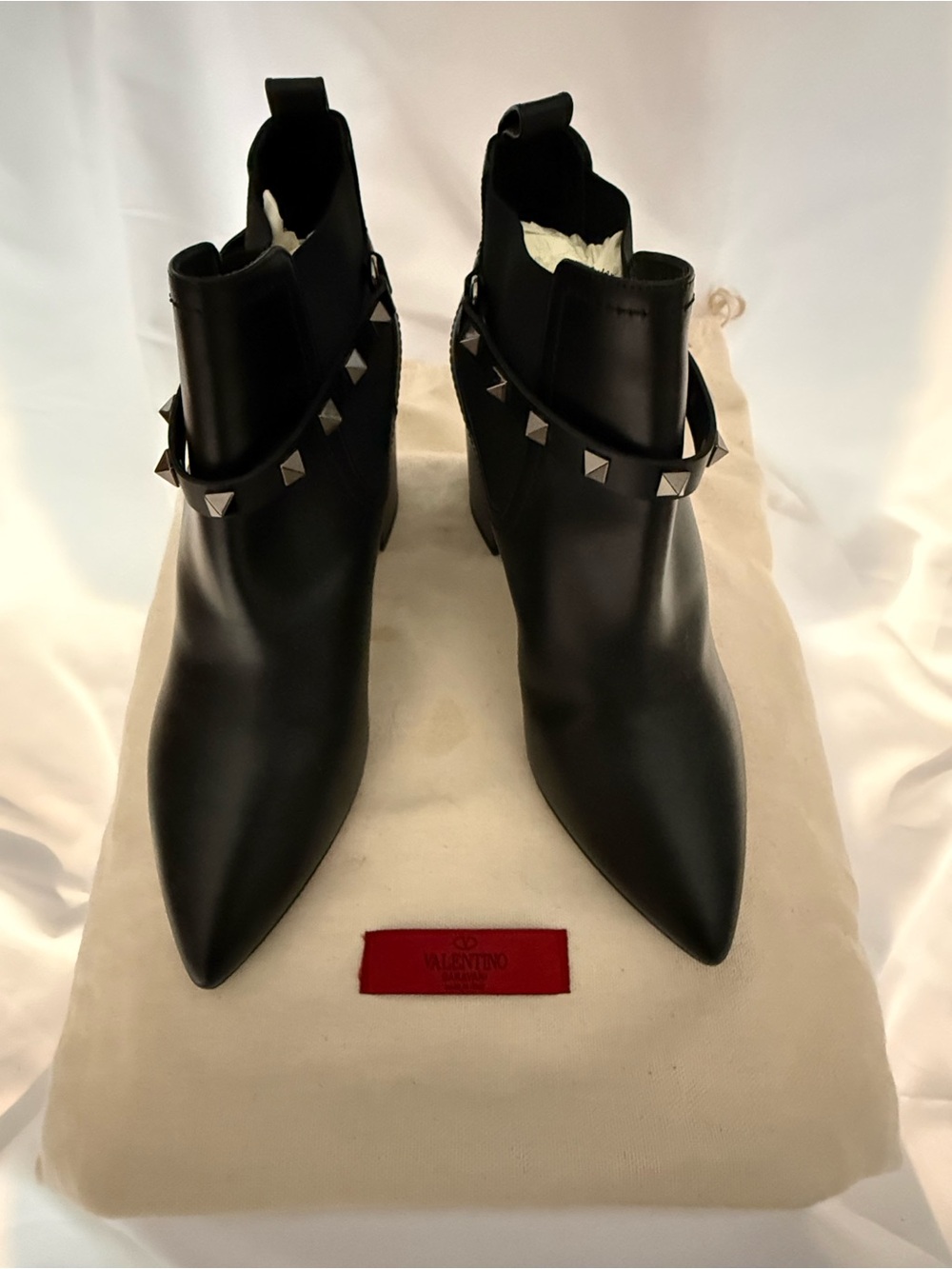 Valentino Garavani Black Pointed Leather Stud Strap Ankle Booties